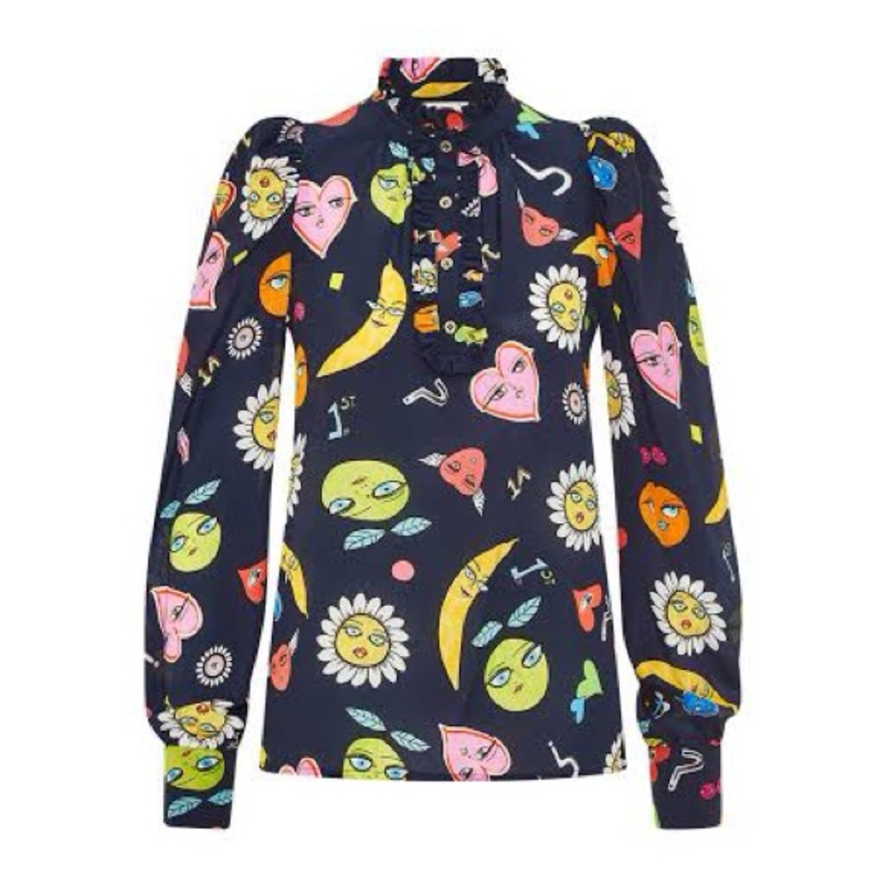NWT MAISON COMMON Silk Printed Blouse Puff Sleeve High Neck Ruffle Art Deco XS